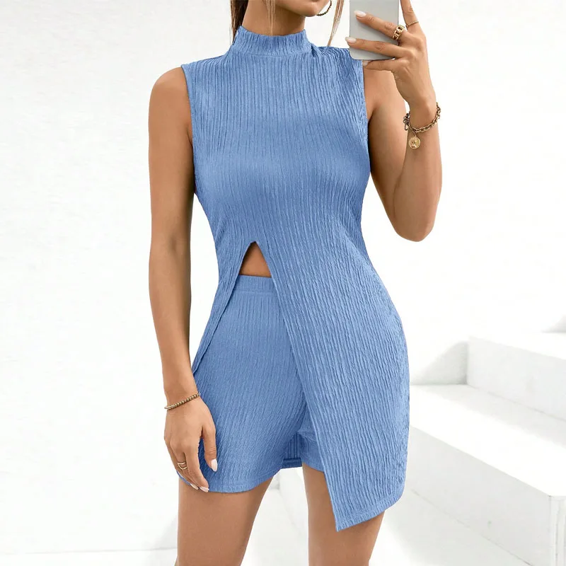 

Two Peice Sets Slim Solid Women Sets New Summer Sleeveless Slit Turtleneck Tops Sexy Womens Two Piece Sets Womens Outifits Q271