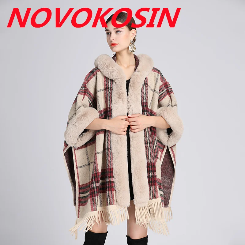 

4 Colors Women Long Faux Fur Collar Tassel Loose Cape Winter Warm Thick Batwing Sleeves Striped Outstreet Wear Overcoat With Hat