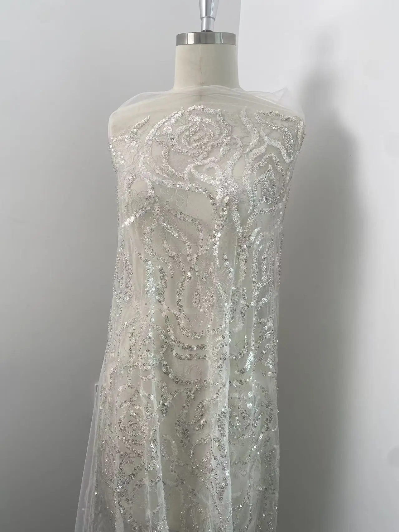 Heavy Bead Lace Fabric, Silver Sequins Tulle Fabric, Couture Rose Embroidery lace for Wedding Dress Bridal Gown Material