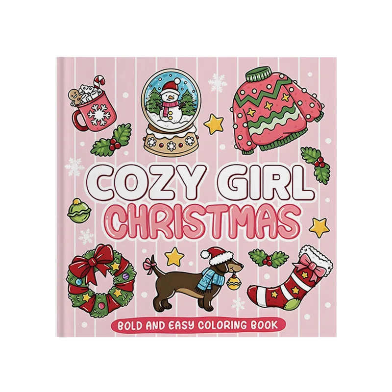 Cozy Girl Christmas Coloring Book Easy Bold Line Dachshund Snow Globe Gingerbread Xmas Wreath Holiday Stress Relief Drawing Book