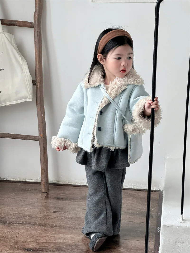 Korean Children's Clothing Girls with Bags Light Blue Suede Fur Integrated Lapel Jacket Velvet Culottes Fashion Casual