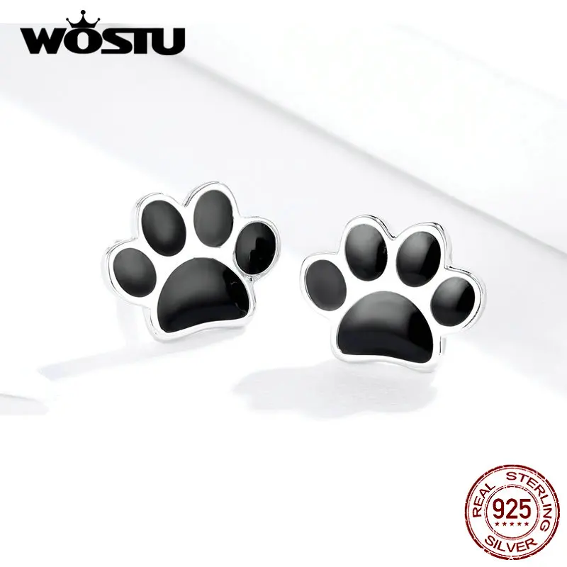 WOSTU Paw Dog Footprint Black Stud Earrings 925 Sterling Silver For Women Silver 925 Jewelry Small Earrings FIE757