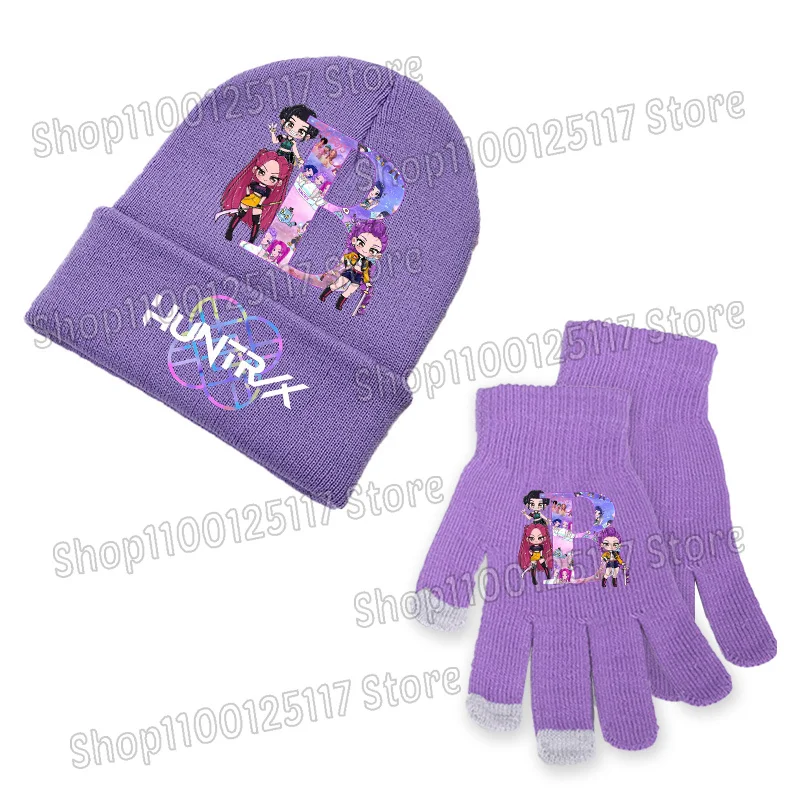 شيطان الصيادين Kpop الشتاء قبعة قفازات 2 قطعة مجموعة الفتيات النساء الأرجواني دعوى الدافئة قبعات منسوجة فنجر قفاز شاشة اللمس في الهواء الطلق الدعائم