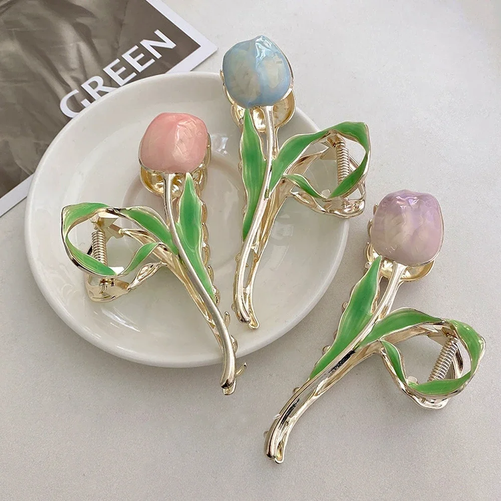 Artiglio per capelli con fiore di giglio alla moda, clip per mascella di squalo in metallo a tenuta forte, elegante copricapo estivo da spiaggia per capelli ricci spessi