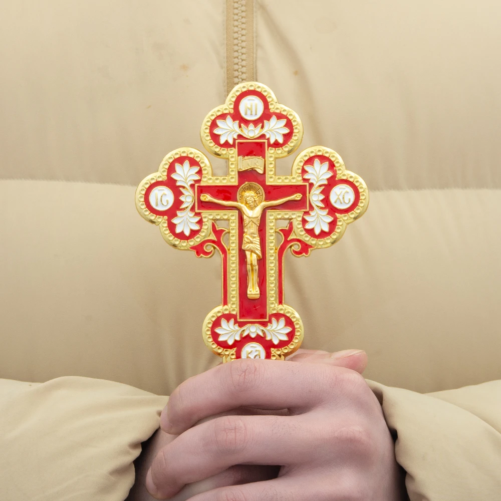 

New 2026 Christian Orthodox Church Ceremony Jesus Cross Family Prayer Alloy Portable Handheld Cross Hand Colored Box Gift