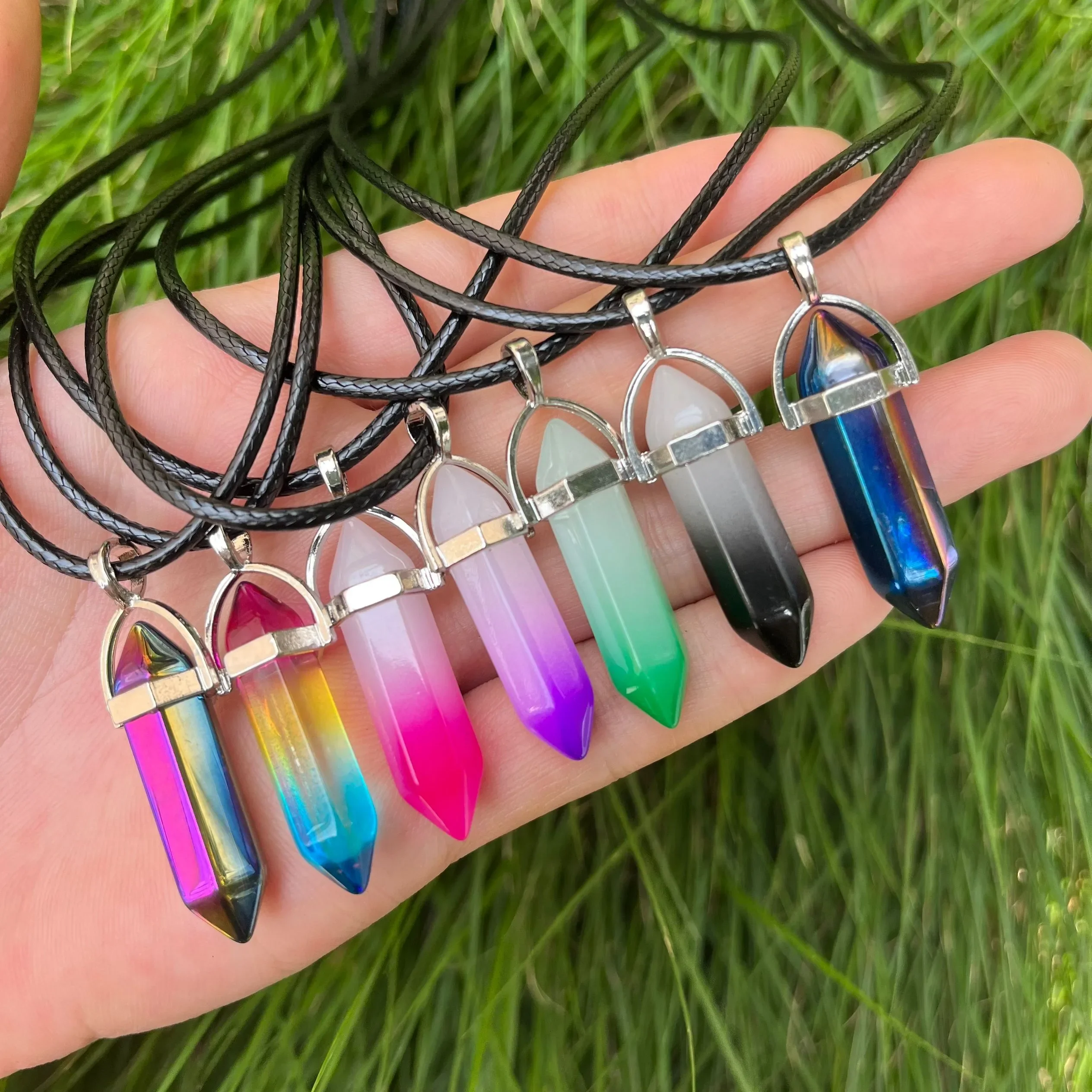 7pcs/set Natural Stone Pendant Hexagon Prism Pendulum Chakra Jewelry Healing Crystal Quartz Point Women Men Necklaces