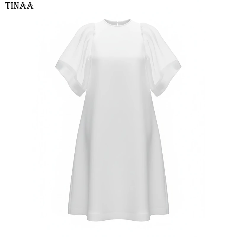 Tinaa 3colors Przezroczysta Sukienka Damska 2025 Biurowa Luźny Krój Prosty Bufiasty Rękaw Okrągły Dekolt Eleganckie Sukienki do Pracy 184359