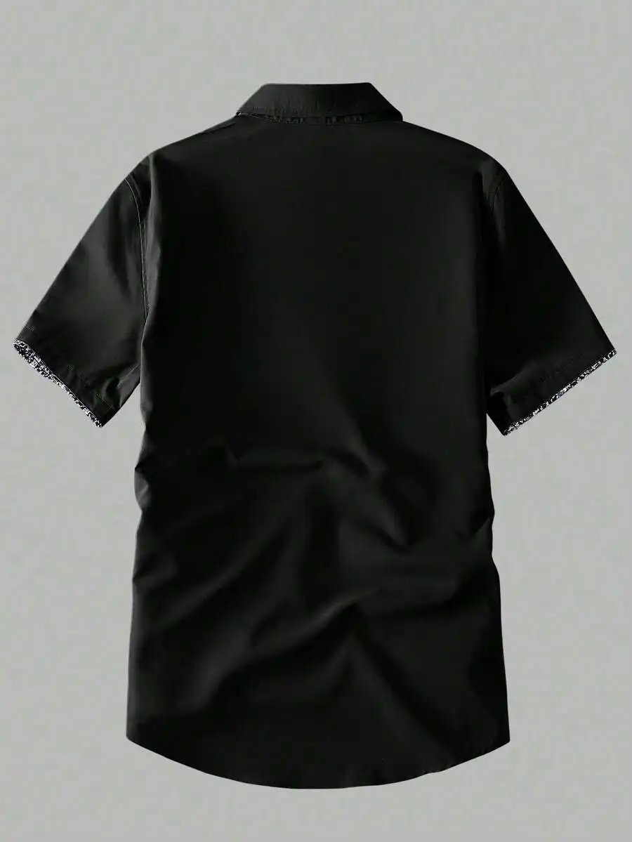 Manfinity Homme Men's Contrast Floral Print Black Short Sleeve Single-Breasted Shirt, Summer, Formal
