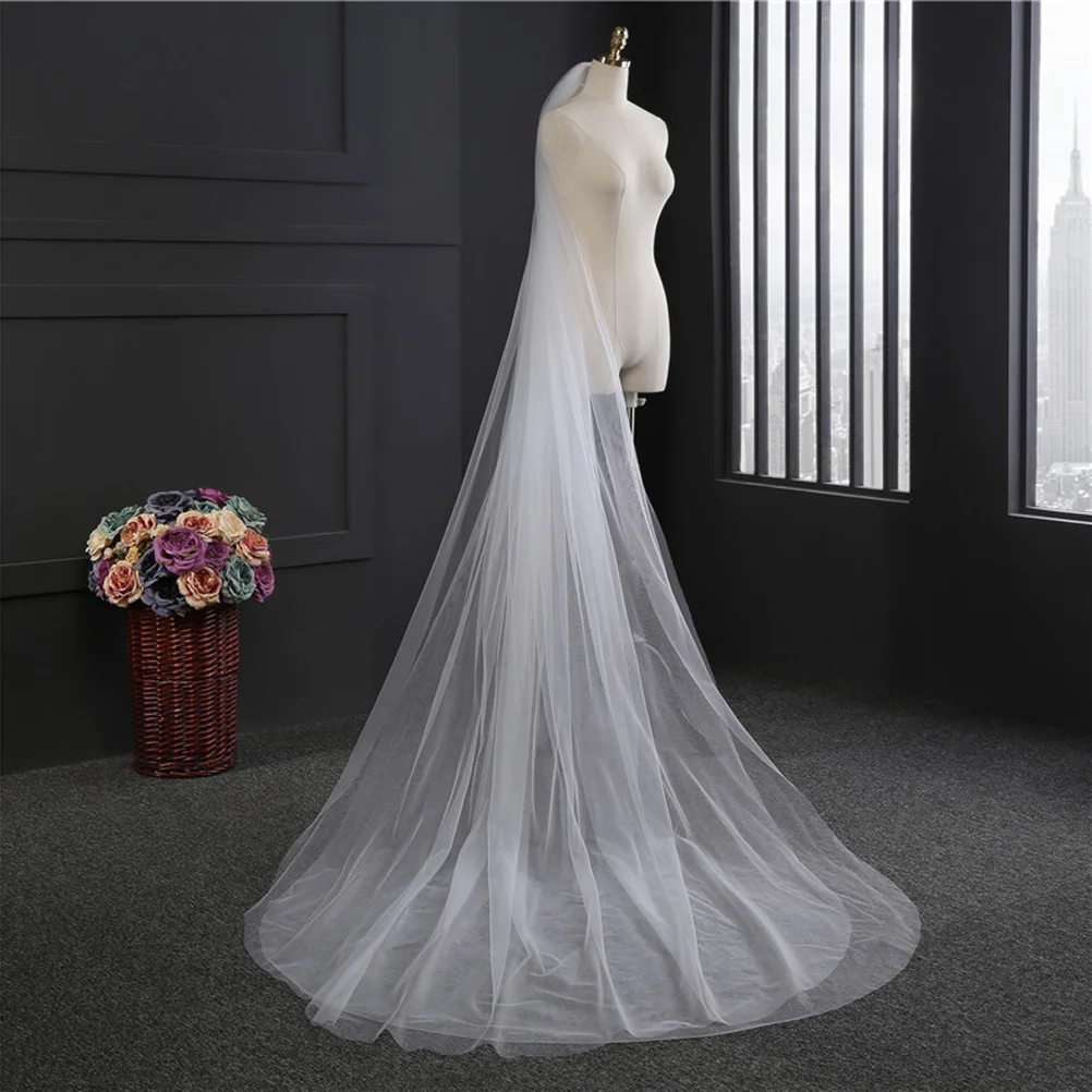 Long Wedding Veil Single Layer Tulle Cathedral Chapel Floor Veils with Hair Side Comb for Bride (White)