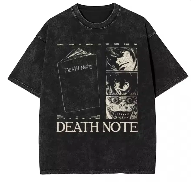 Harajuku Vintage Washed Death Note T Shirt Men Anime Graphic Printing T Shirt Cotton Fashion Streetwear Unisex Top Tee