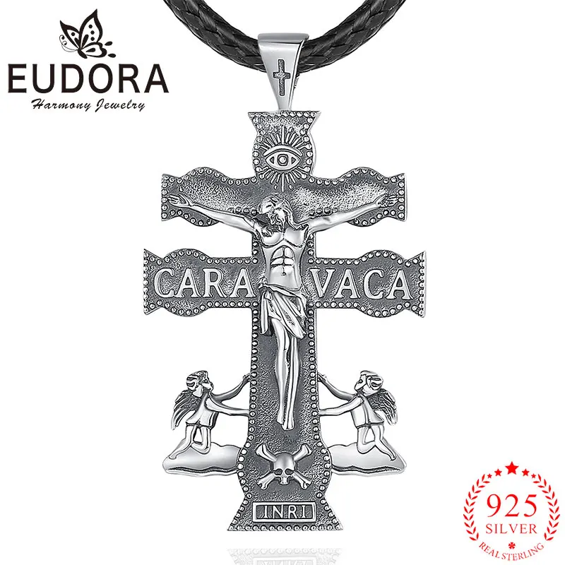 Eudora New 925 Sterling Silver Caravaca Cross Necklace Jesus Angel Religious Pendant Amulet Men Women Personality Jewelry