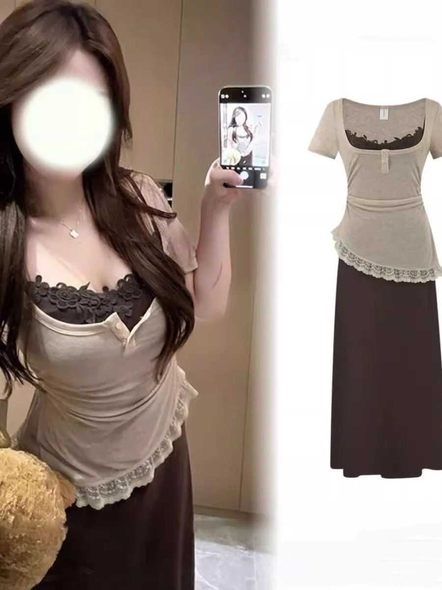 Summer Tea Break Lace Patchwork Short Sleeve Women's Dress Waist Cinching Knee-Length Dress Set High Waist Breathable Casual