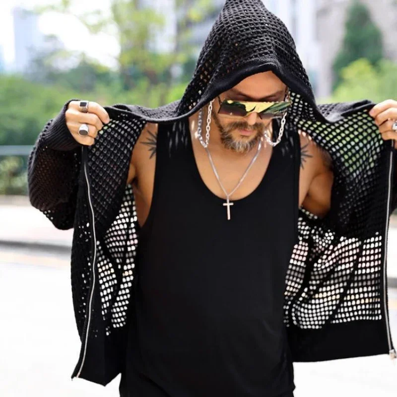 Korea Hipster Hollow Out Men Hooded Jacket Long Sleeve Streetwear Hip-hop Loose Knit Cardigan Sun Protection Solid Coat Casual