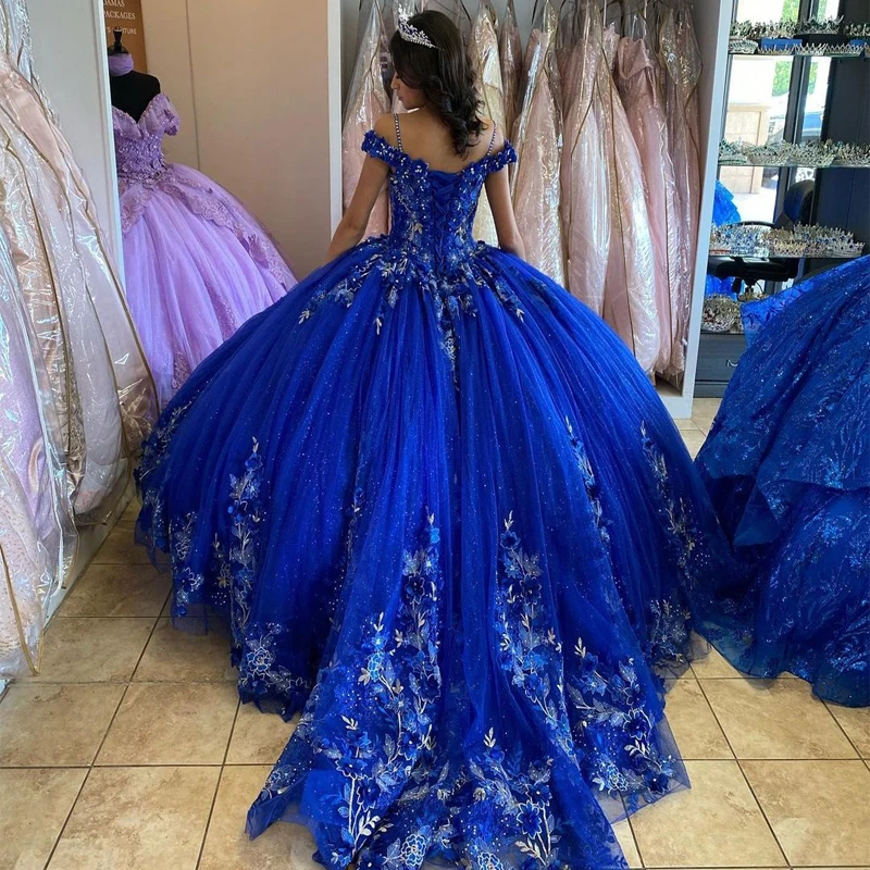 Azul Royal Modern Lantejoulas Beading Vestidos Quinceanera Vestido de Baile Flores Floral 3D Cristal Corset Doce 15 Anos Velho Partido