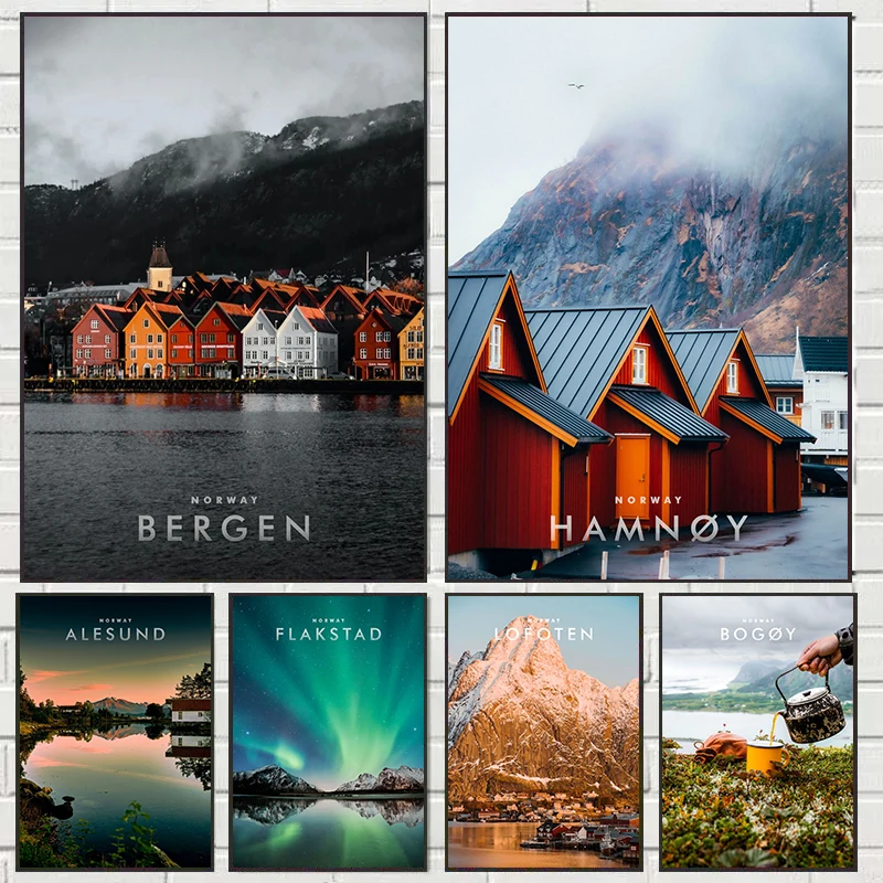 Travel City Norway Art Canvas Painting Print Poster Aurora Mountain Wall Modern Picture for Living Room Home Decor No Frame