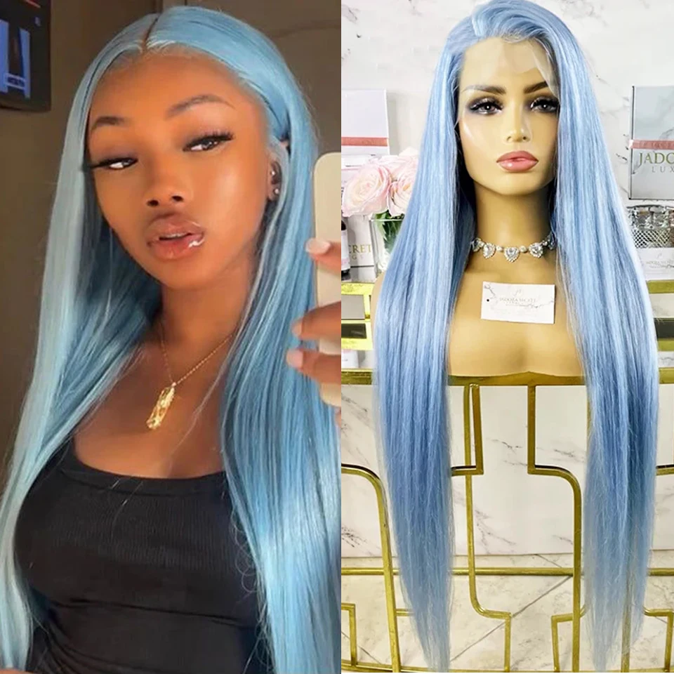 باروكة طويلة من الدانتيل الصناعي المستقيم للنساء ، جزء حر ، أزرق فاتح ، باروكة ناعمة ، ألياف مقاومة للحرارة ، باروكات تأثيري