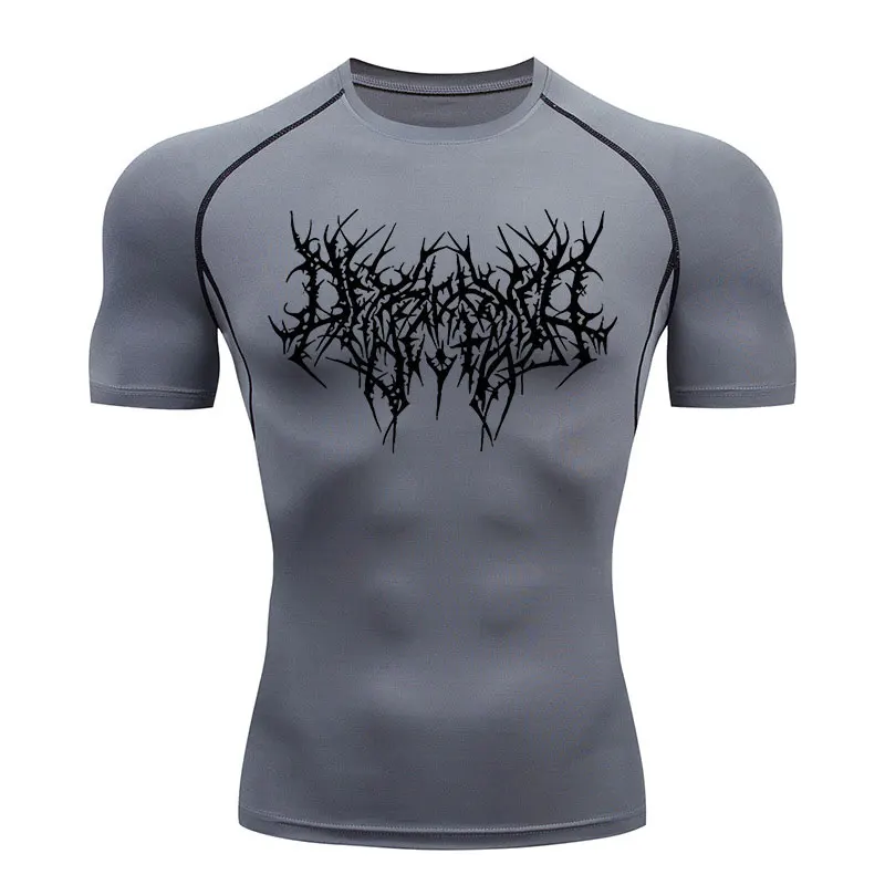 Men's compression gym T-shirt, tattoo tight sportswear, running and fitness, summer, Y2K