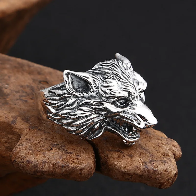 Bague d'ouverture en argent regardé pour hommes et femmes, ornement de mode, vintage, thaïlandais, personnalité, tête de loup dominatrice