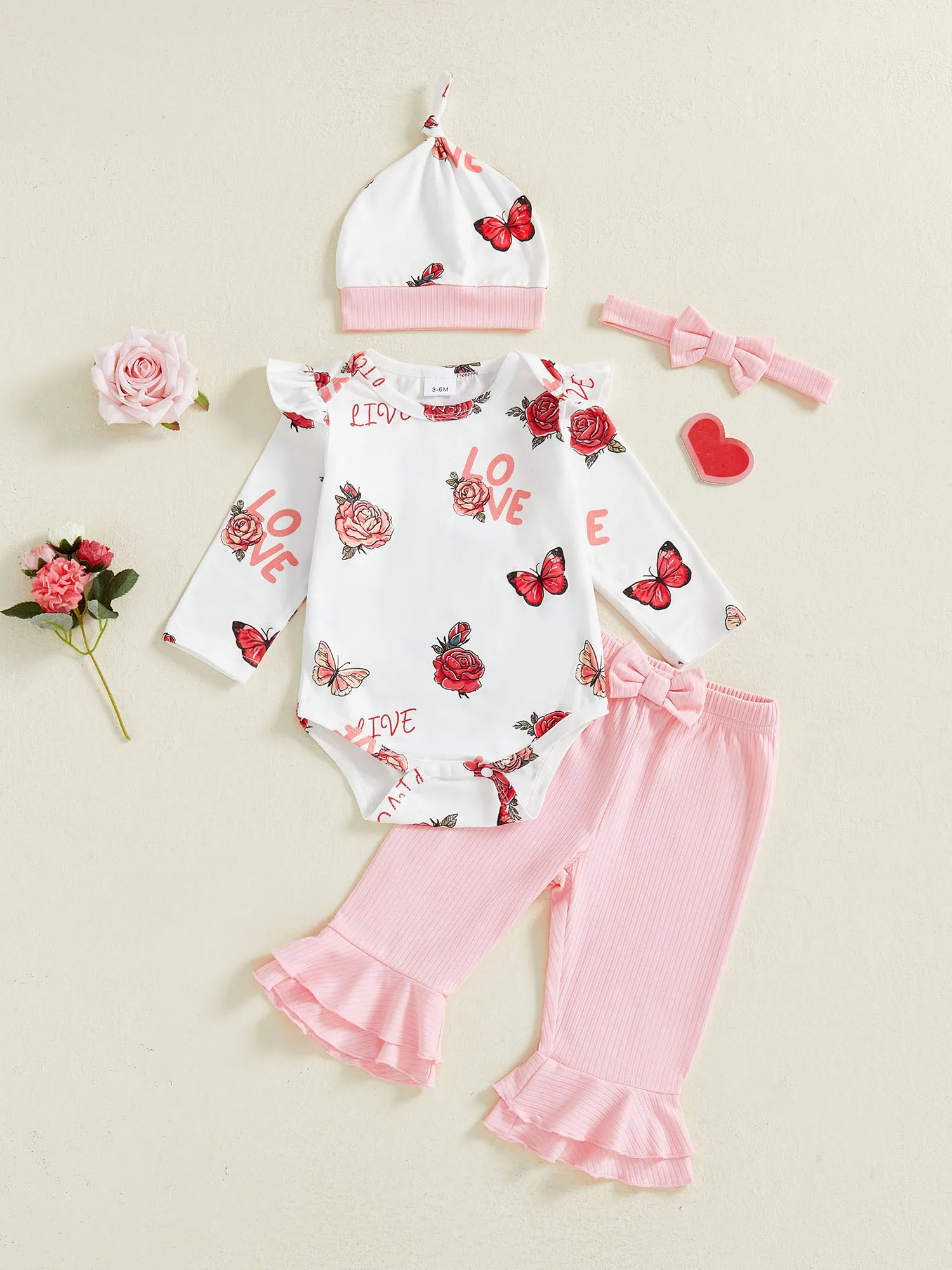 طفل فتاة عيد الحب الزي القلب طباعة طويلة الأكمام رومبير مضيئة السراويل عقال 3 قطع مجموعة الحب موضوع الملابس #1