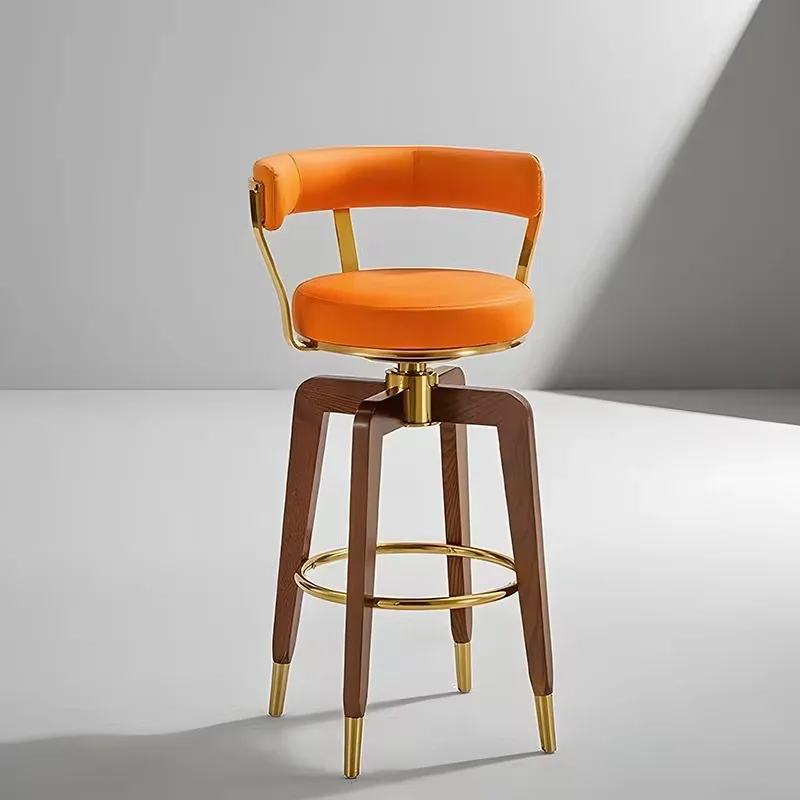 Rotatable high-backed walnut leg gold decorative bar stool for home kitchen islands