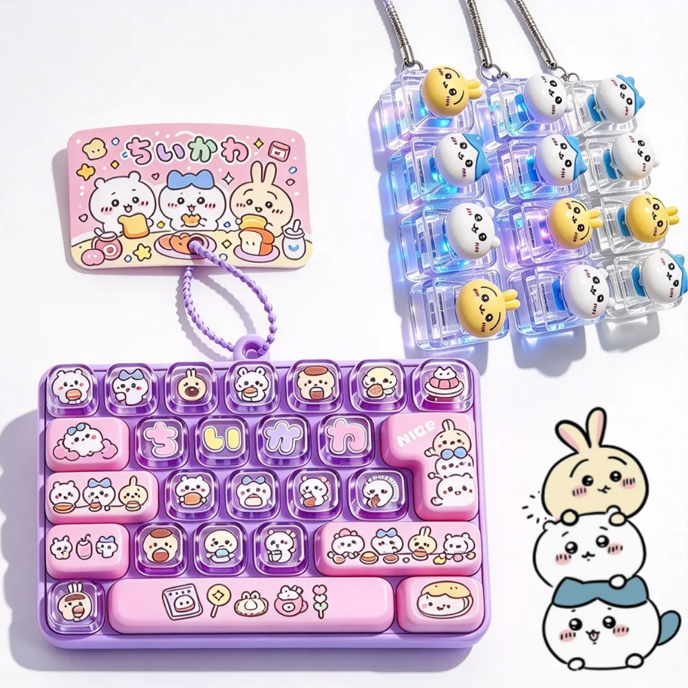 Hot Chiikawa 26-Key Fidget Keychain Caps Clicker 4 Keys Light Up Pendant Cute Hachiware Usagi Stress Relief Toy Bag Charm Gift