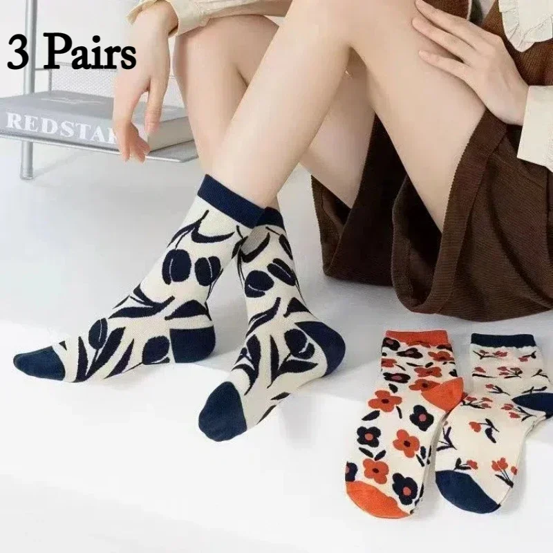 3 Pairs Socks Women Literary and Retro Style Mori Floral Tulip Long Socks Set Knitted Comfortable Autumn Casual Stockings Women