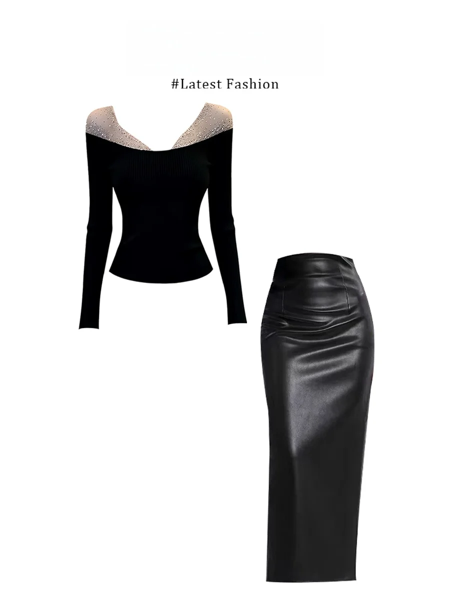 

Parkyeon Winter New Fashion Heavy-duty Rhinestone One-shoulder Knitted Sweater High-waist Slimming Half-length Skirt Set Women