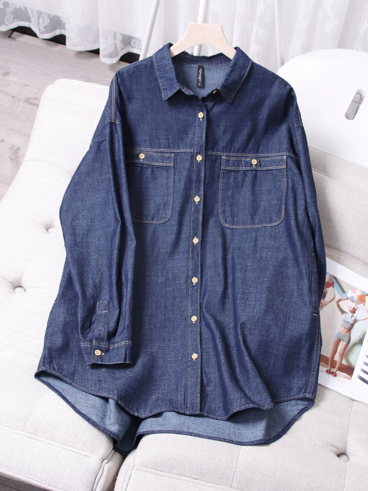 Fashion mid-length denim shirt for women versatile and slim single-breasted long-sleeved denim shirt