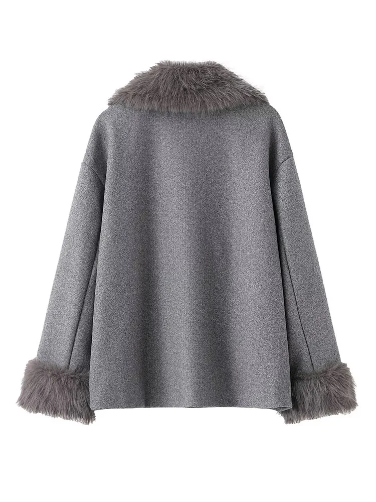 

HH Women's Winter Fashion Loose Versatile Fur Collar Short Jacket Female Temperament High Street Casual Pocket Long Sleeve Coat