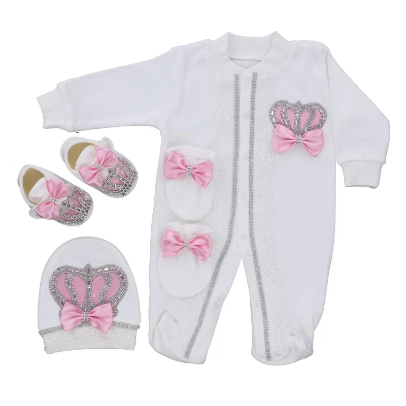 Lace Trim Rhinestone Crown Baby Footed Romper Newborn 0-9 Months 4Pcs White Baby Pink Satin Bow Royal Jumpsuit Gift