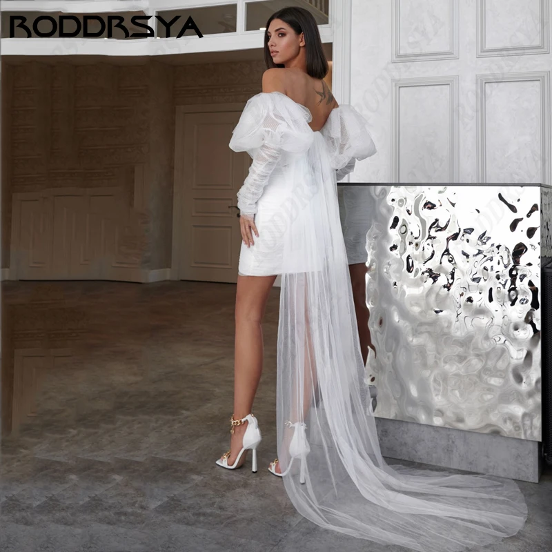 RODDRSYA-Mini Vestido De novia sin tirantes para mujer, tul elegante, fiesta nupcial romántica, manga De linterna, sin espaldaMini Vestido De novia sin tirantes para mujer, tul elegante, fiesta nupcial romántica, manga