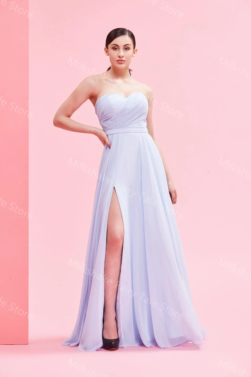 فساتين سهرة نسائية أنيقة عتيقة بدون أكمام على شكل حرف A فساتين حفلات شيفون بفتحة جانبية سويب تراين مخصصة لحفلات الزفاف #3