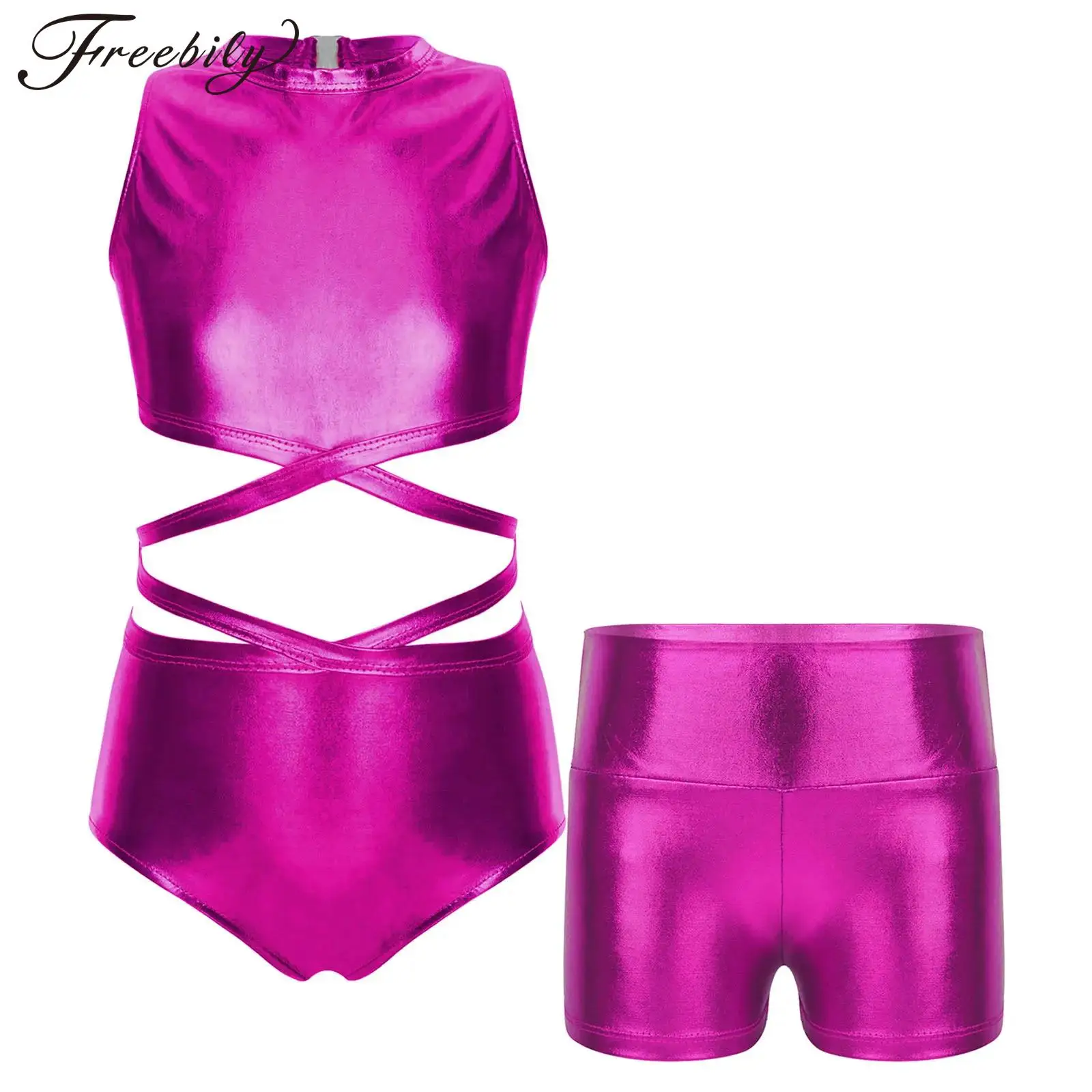 Brilhante Metálico Ginástica Collant e Shorts Conjunto das meninas, Collant Ballet, Dança Bodysuit, Unitard Performance Dancewear