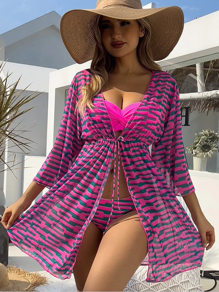 

2024 New Digital Printed Push Up Bikini Swimsuit Woman 2023 Three Pieces Swimwear with Long Sleeve Cover Up Beach Bathing Suits