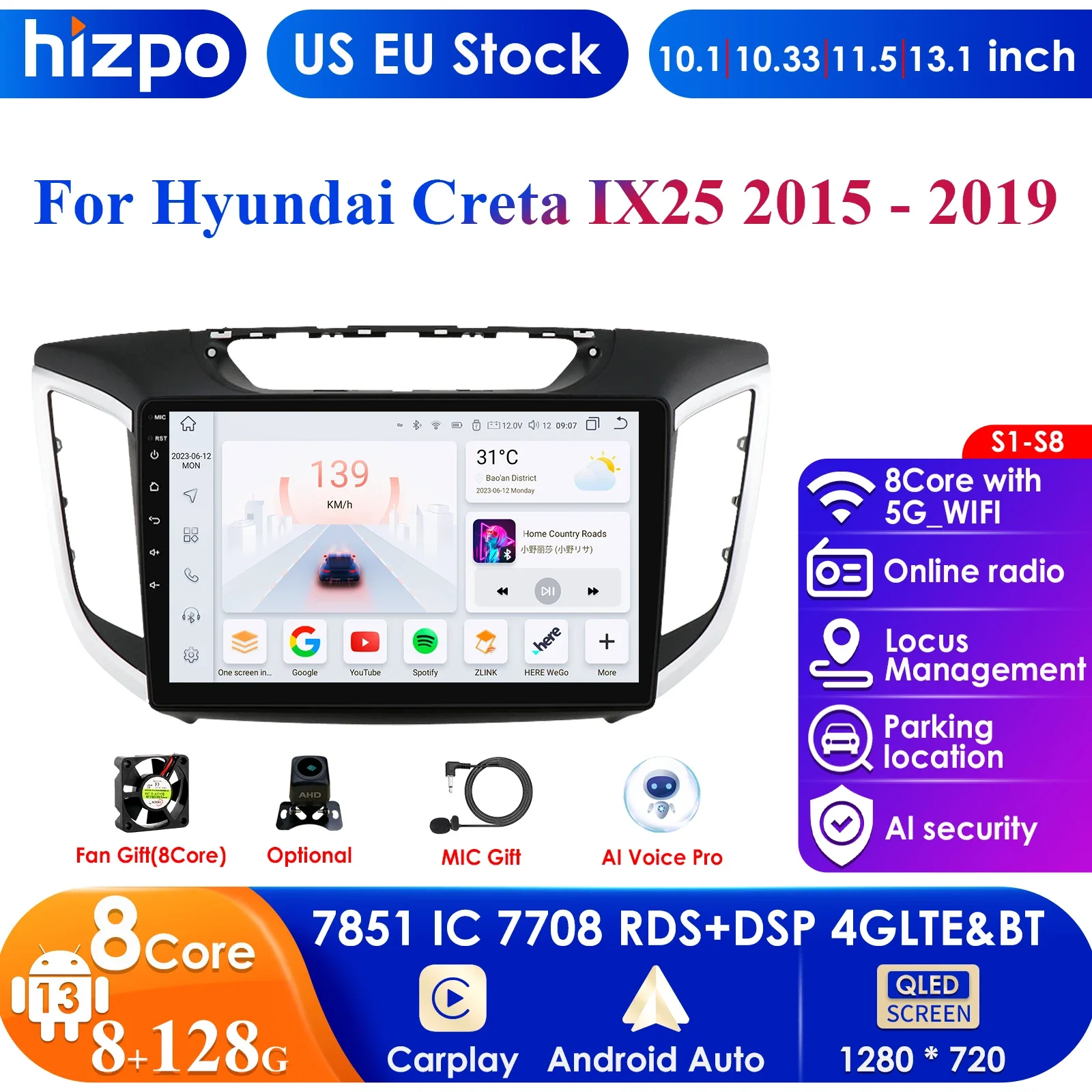 

Hizpo 10.1 Inch Android Car Radio for Hyundai Creta Ix25 2015 - 2019 Navigation GPS Carplay Auto 4G 7862 Car Intelligent Player