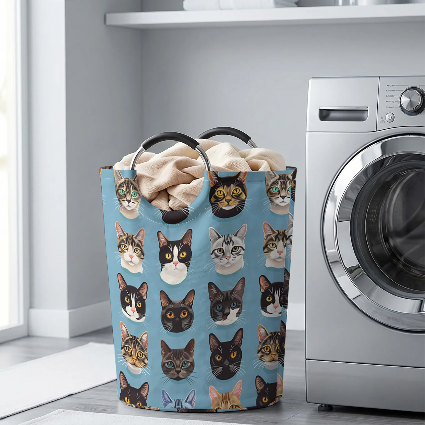 Light Blue Background Cat Portraits All‑Over Print Handheld Storage Basket, For Laundry, Bedroom & Home Sundries Storage