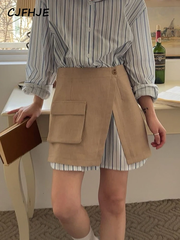 CJFHJE Harajuku Blue Two Piece Set Dress Women Striped Long Sleeve Shirt  Autumn Pocket Fashion Khaki A-line Elegant Lady Skirts