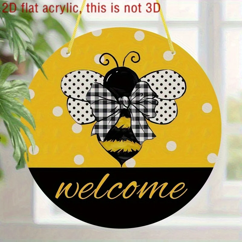 2D Flat, 2D Flat 2D Plane, 1pc 2D Flat Wooden Round Wall Hanging, Summer Bee Welcome Sign Wreath, Spring Summer Wooden Hanging S