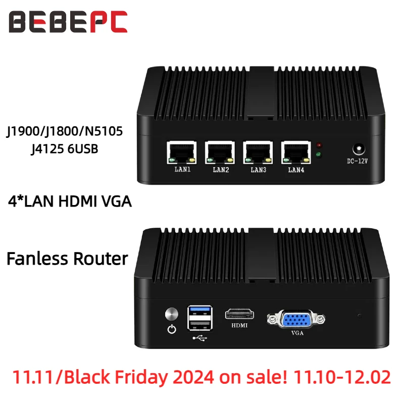 BEBEPC Fanless Mini PC Firewall Router Intel Celeron J1900 N2830 4 LAN Pfsense Ubuntu Windows 10 Industrial Computer PC