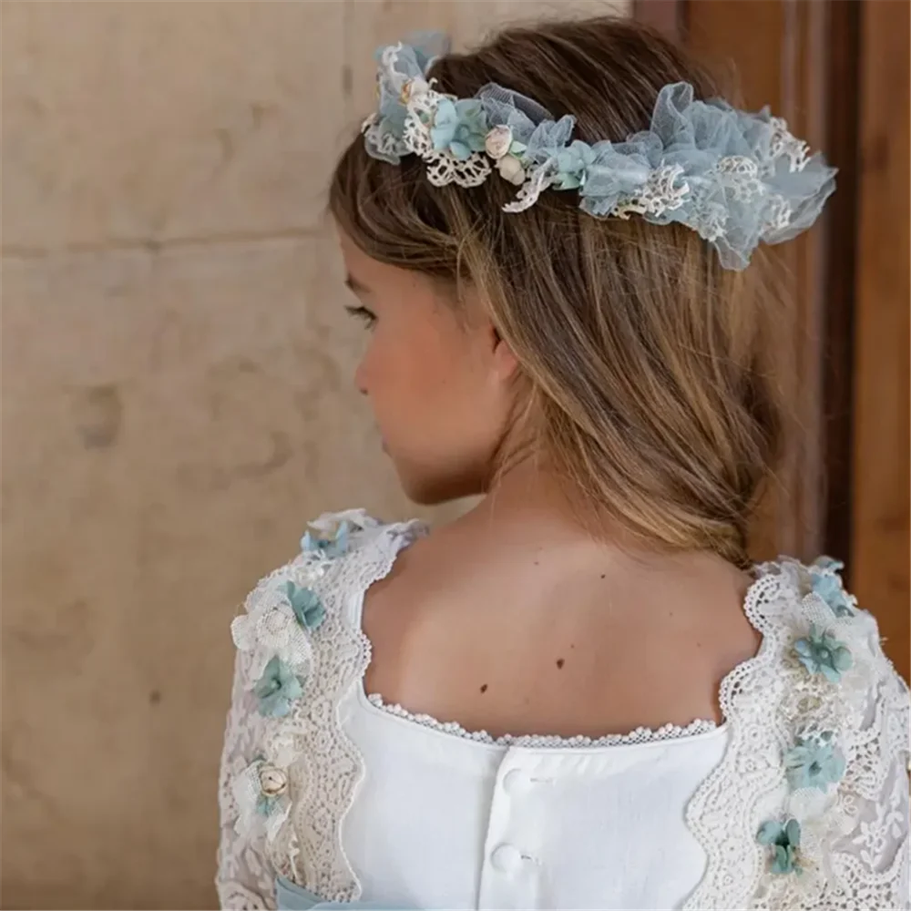 Vestido de fada flor menina comunhão acabado fora com renda no decote mangas bordado contton uma linha vestido de fada