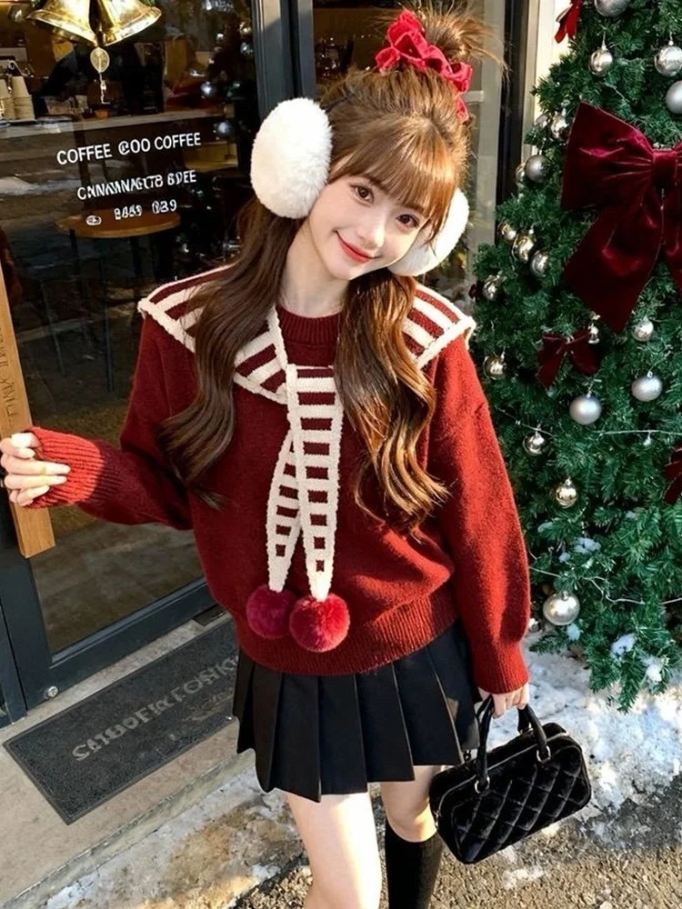 

Red Faux Two-Piece Sweater Skirt Set Women's Spring Autumn Winter New Year's Striped Scarf Small Size Sweet Style Fashion Set