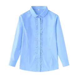 Girls School Uniform Shirt Blue Lace Design Kids Long Sleeve Blouse For Youth Children 8 10 12 14 15 Years Wear LC511