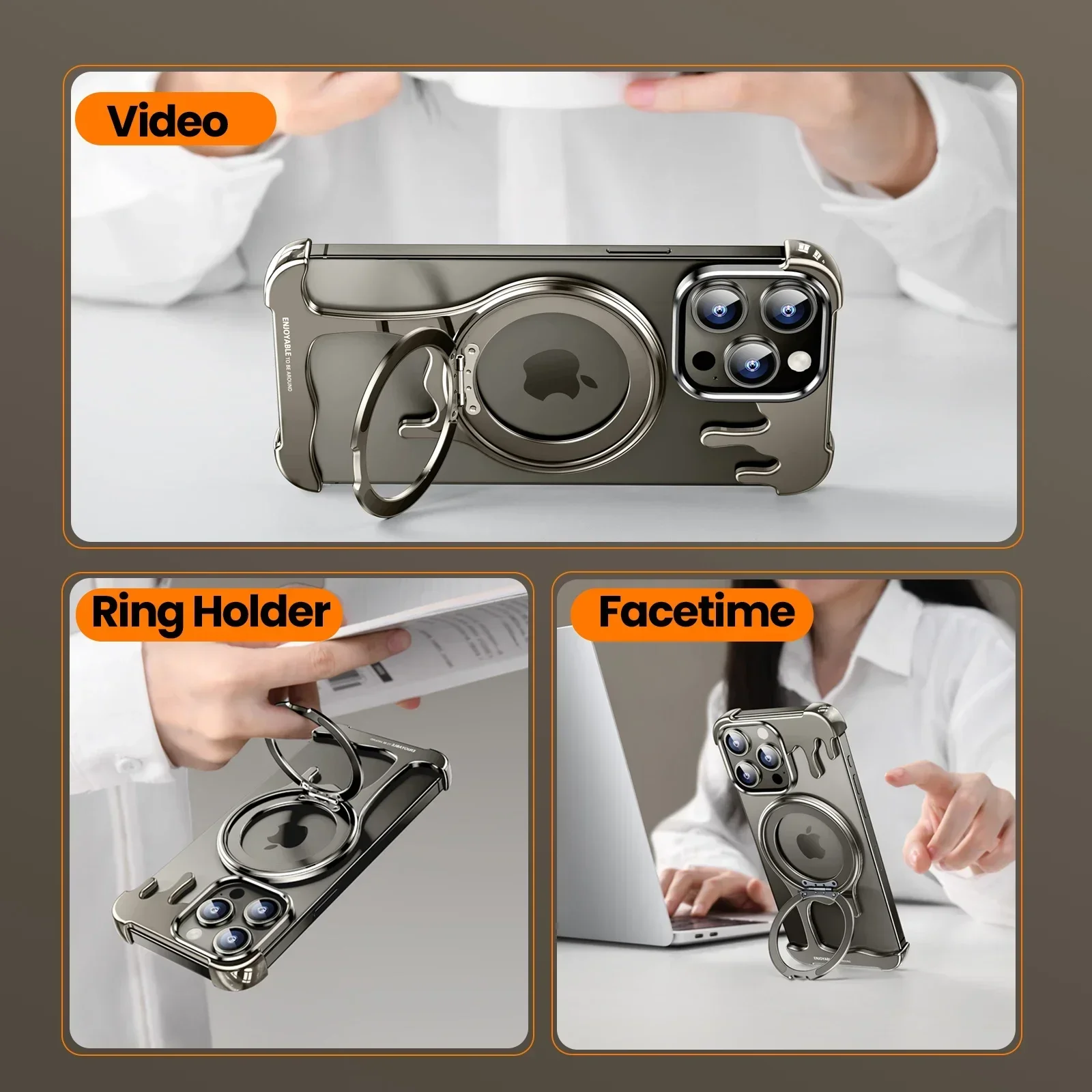 Eary Frameless for iPhone 16/15/14/13 Pro Max Case with Magsafe 360°Rotation Finger Ring Holder  Bumper Protective Cover Shells