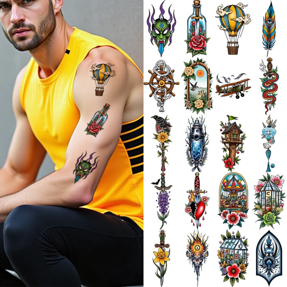 

28pcs Temporary Tattoo Windmill New School Traditional Pirate Ship Wheel Greenhouse Waterproof Long-lasting Body Stickers For