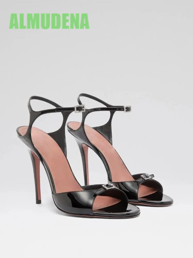 

Metal Buckle Black Sandals Pointed Ankle Straps Women's Patent Leather Open Toe Party High Heels Sandalias De Mujer Verano