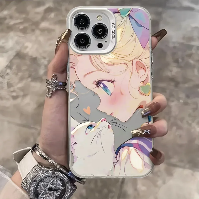 Cartoon Kawaii Blonde Girl Cat For iPhone Case 16 15 14 13 12 11 Pro XR XS Max 7 8 Plus Shockproof Soft Phone Pink Cute Cover