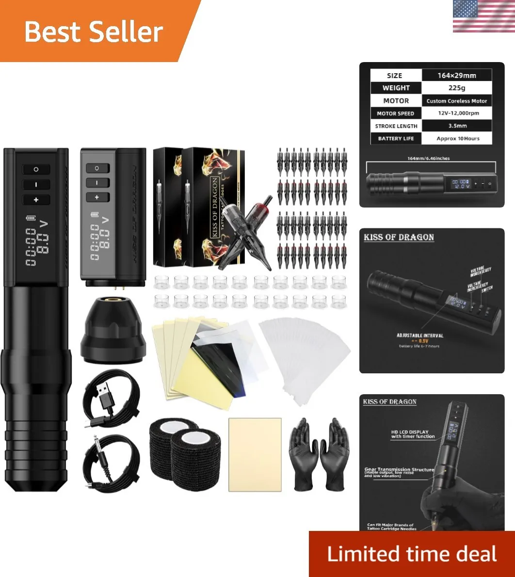 

Wireless Tattoo Machine Pen Kit Complete Rotary Tattoo Gun Two 2400mAh Power ...