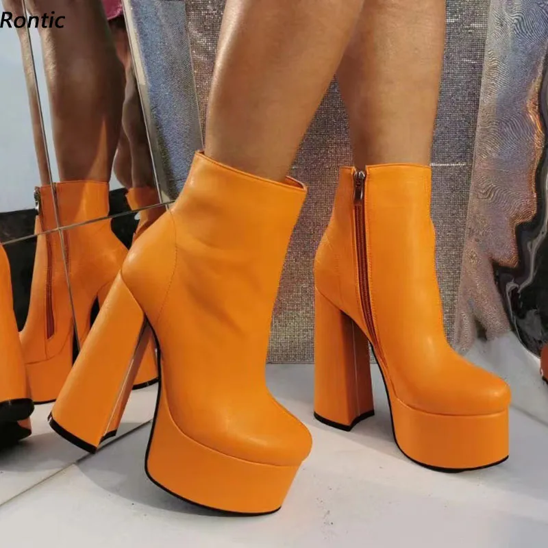 

Rontic Handmade Women Winter Ankle Boots Platform Faux Leather Hoof Heels Round Toe Gorgeous Orange Party Shoes US Size 5-15