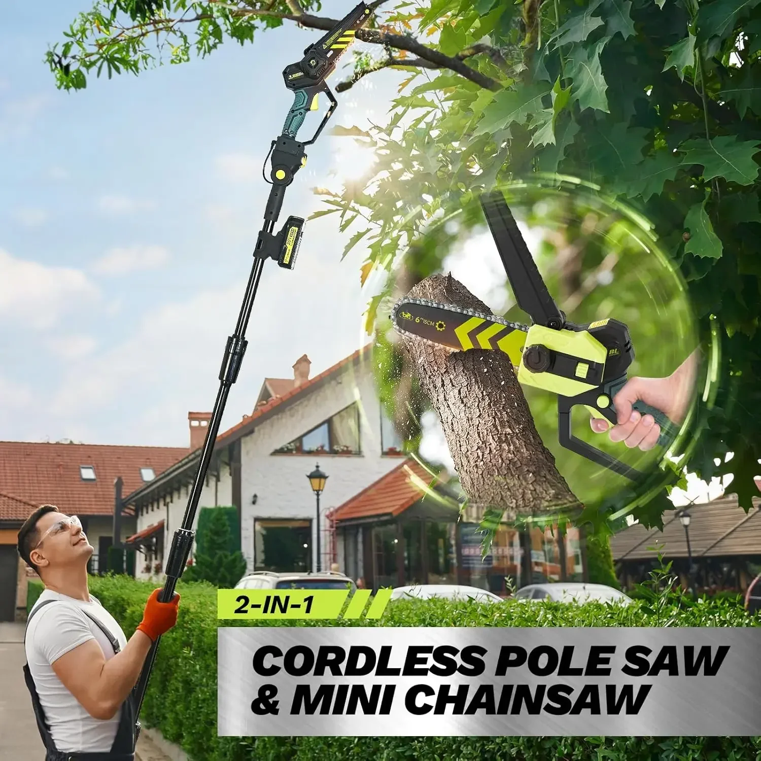 Cordless Pole Saw and Mini Chainsaw,2-IN-1 Pole Chainsaw,Brushless Electric Pole Saw Battery Powered 6 Inch Chainsaw, 78.74 Inch