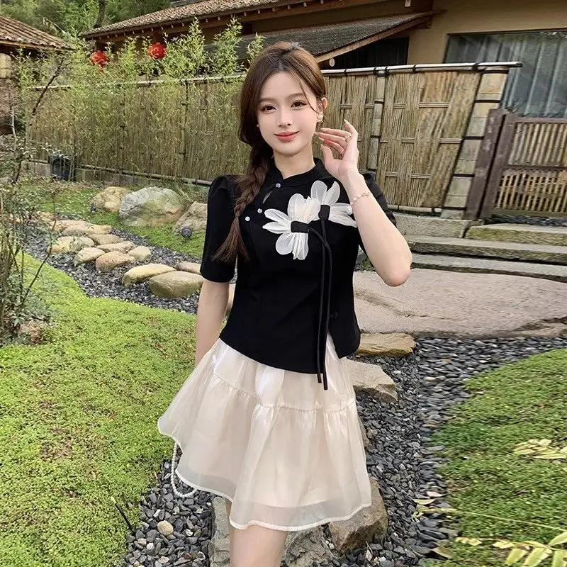 Chinese Style Fashion Set for Women, Summer Gentle Frog Button T-shirt with Mesh A-line Skirt Two-piece Set